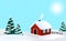 Festive vector winter countryside background with a red cottage house, chimney smoke and christmas trees