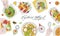 Festive vegetarian tableful, laid table, holidays hand drawn colorful illustration, top view. Background with place for