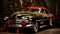 Festive Vintage Car with Elegantly Adorned Fir Tree and a Pile of Vibrant Colorful Presents