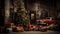 Festive Vintage Car with Exquisitely Decorated Fir Tree and an Array of Vibrant Presents.