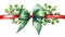 Festive Watercolor Christmas Green Mistletoe with Red Ribbon AI Generated