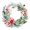 Festive watercolor wreath of poinsettia winter berry and evergreen fir pine branches