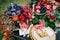 The festive wedding table with red autumn leaves. Wedding decoration. Artwork