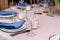 Festive wedding, table setting with blue linen napkins, candles. Wedding decorations. Restaurant menu concept. Soft selective