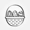 Festive wicker Easter basket with a set of eggs with an ornament.
