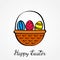 Festive wicker Easter basket with a set of eggs with an ornament. greeting lettering Happy Easter greeting card in