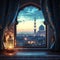 Festive window concept Eid Mubarak, Ramadan Kareem with lantern, mosque