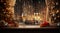 Festive window scene, champagne flutes, Christmas trees, wrapped presents, glittering city backdrop, candles, golden