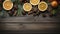 Festive Winter Citrus and Pine - Fresh Oranges with Pine Cones on Rustic Wooden Background for Holiday Decor.