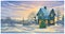 Festive winter landscape with a festively decorated house and decorated Christmas tree.