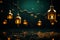 Festive wishes Eid Al Adha Mubarak with Ramadan lanterns backdrop