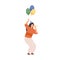 Festive woman in cone hat holding colorful air balloons vector flat illustration. Female blowing in party whistle tube