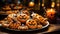 Festive wooden table with a dish of decorated gingerbread in the shape of orange pumpkins close-up Halloween