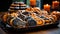 Festive wooden table with dish of gingerbread cookies with cinnamon and orange zest closeup Halloween and Thanksgiving