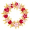 Festive wreath made of homemade cookies with white icing and handmade toys. Christmas red and gold wreath on the door