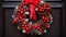 A festive wreath made up of pine cones and holly berries,