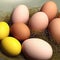Festively colored eggs for Easter, in a hen\\\'s nest