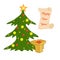 Festively decorated Christmas tree and boxes with gifts. Christmas tinsel.