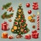 festively decorated christmas tree with gifts, baubles, candles, tinsel. Advent