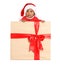 Festively dressed African-American baby in Christmas gift box on background