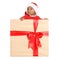 Festively dressed African-American baby in Christmas gift box on background