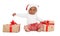 Festively dressed African-American baby with Christmas gifts on white