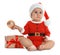 Festively dressed little baby with Christmas gift on white