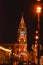 Festively illuminated Dumskaya tower in the city of St. Petersburg