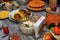 Festively laid table. Beautifully decorated dishes.