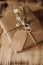 Festively wrapped gift in kraft paper with a tag for wishes