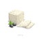 Feta soft cheese. Greek traditional cheese with parsley leaves and black olives composition. Cartoon flat style fresh diary tradit