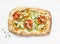 Feta, zucchini, tomatoes, thyme savory pie on a light background, top view. Delicious snack, appetizer