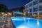 Fethiye, Mugla, Turkey - 26, July, 2020; Swimming pool of luxury hotel. Beautiful luxury swimming pool in hotel pool resort.