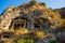 FETHIYE, TURKEY: View of the tombs carved into the rock from the time of the ancient state of Lycia.