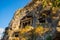 FETHIYE, TURKEY: View of the tombs carved into the rock from the time of the ancient state of Lycia.