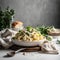 Fettuccine Alfredo pasta with white cream sauce on the plate. Italian food