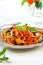 Fettuccine with grilled vegetables and tomato sauce
