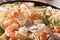 Fettuccini pasta in cream sauce with shrimp macro. Horizontal