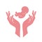 Fetus in mother hands, baby birth, embryo and woman palms