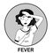 Fever. Inside the circle, the girl shows one of the possible signs of infection with the COVID-19 virus.