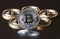 A few gold and silver coins bitcoin lie or stay on edge on a dark background. The concept of crypto currency.