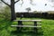 Few jackdaws birds fight for food on the wooden table and bench in the park with stone fence on the background