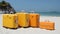 few modern yellow suitcases on tropical resort beach at sunny day, neural network generated art