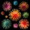 Few olors crown covid viruses 19 on a black background. 3D rendering