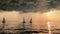 A few sailboats in a sea at sunset, magic sun reflection, sun path, the sky of pink color, the darkness storm sky, rain