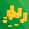 A few stacks of gold dollar coins in 3D style on a green background. Vector