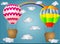 A few Vivid, cartoonish, large volumetric balloons with a basket in the sky amidst white clouds and a rainbow. Flying