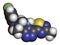 Fezolinetant drug molecule (NK3 receptor inhibitor). 3D rendering. Atoms are represented as spheres with conventional color coding