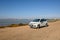 Fiat Panda parked on the shore of Tigaki salt lake