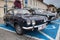 Fiat Sport 750, side view, retro design car. Exhibition of vintage cars. Rally of old vintage vehicles anciens. Dark blue color w